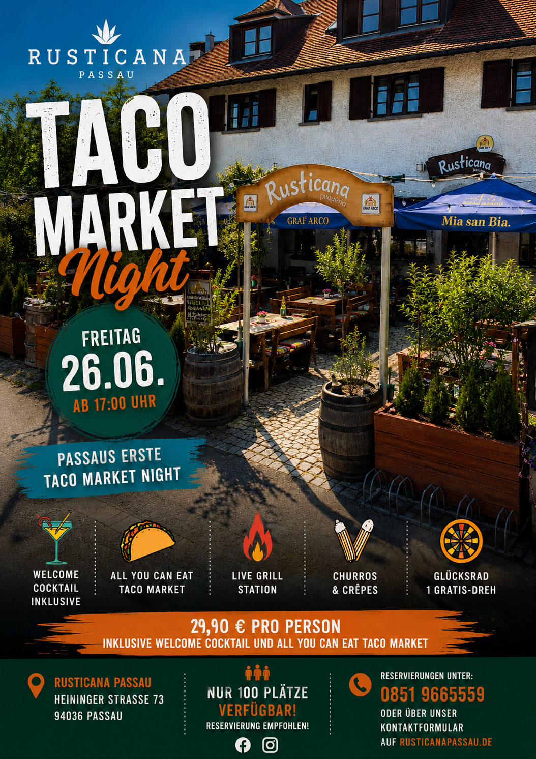 Erlebe Passaus erste Taco Market Night am 26.06.2026 ab 17 Uhr im Rusticana Passau. All You Can Eat Taco Market, Live Grill, Welcome Cocktail, Churros & Crêpes. Jetzt reservieren!